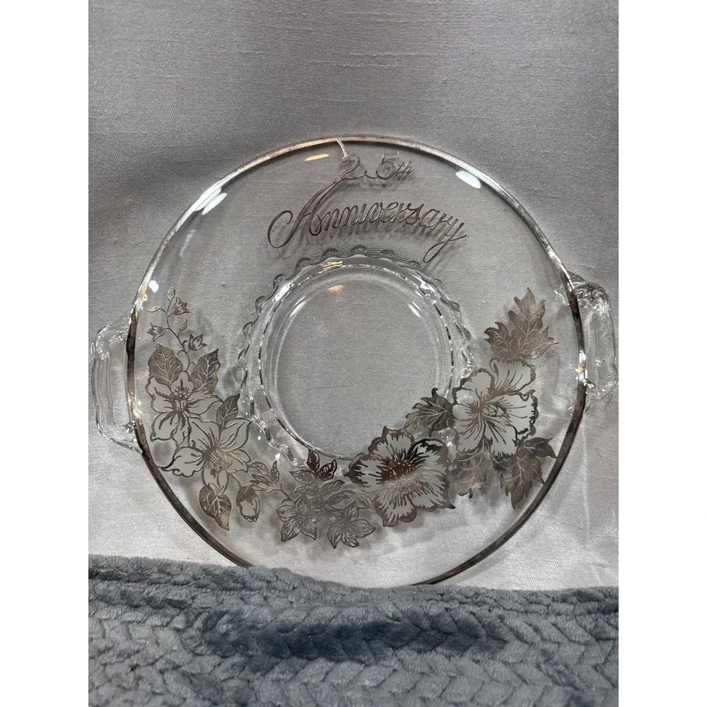 Vintage 25th‎ Anniversary Glass Serving Tray Silver Floral Overlay Handled Plate